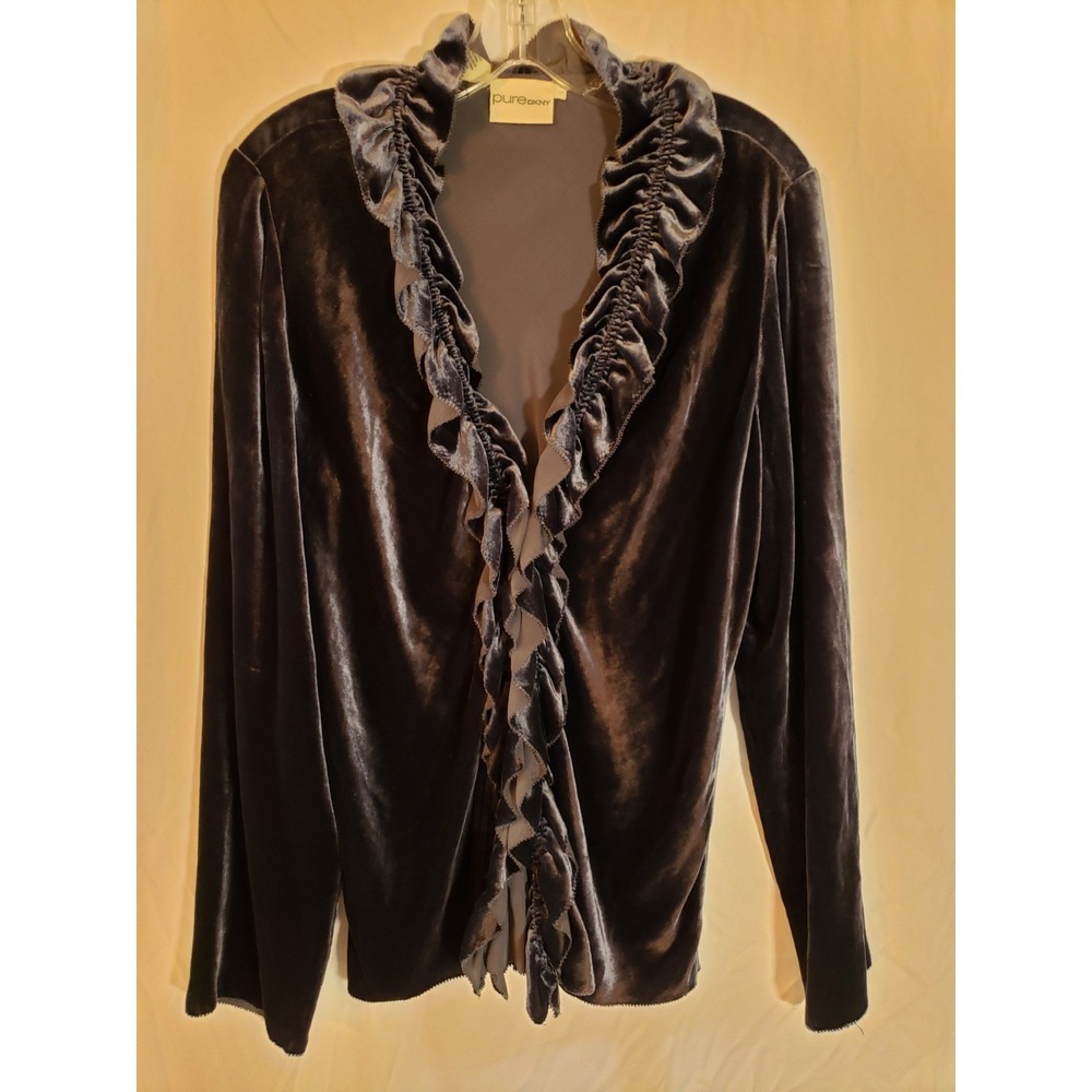 Women's DKNY Blue Velour Ruffled Long Sleeve Blouse Size L